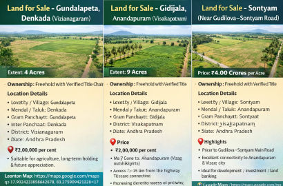 Land for Sale – Sontyam (Near Gudilova–Sontyam Road ,Land for Sale – Gidijala, Anandapuram (Visakhapatnam), Land for Sale – Denkada (Vizianagaram)
