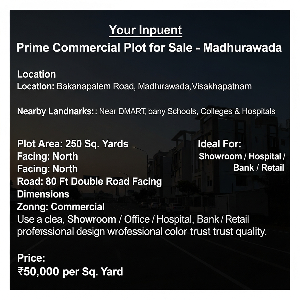 Commercial plot for sale Madhurawada.Commercial property Visakhapatnam.Commercial property near Madhurawada